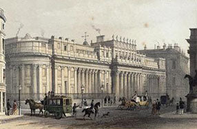 painting of london financial center with horse-drawn carriages in foreground