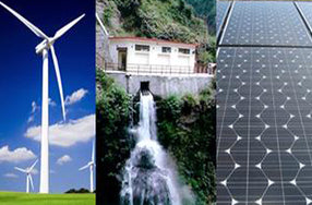 Three vertical panels of windmill, waterfall, and solar panels